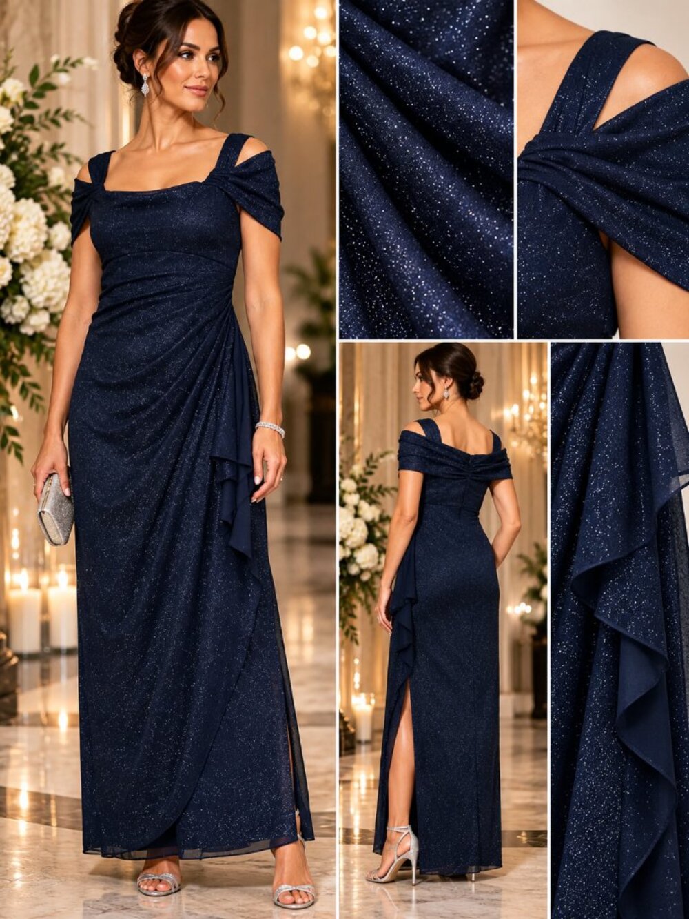 Alex Evenings Petite 16P Navy Glitter Cold Shoulder Ruched Formal Gown